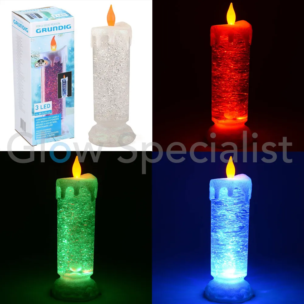 Grundig LED KAARS MET WERVELEND GLITTERWATER - COLORCHANGING - D8,5 X H25CM