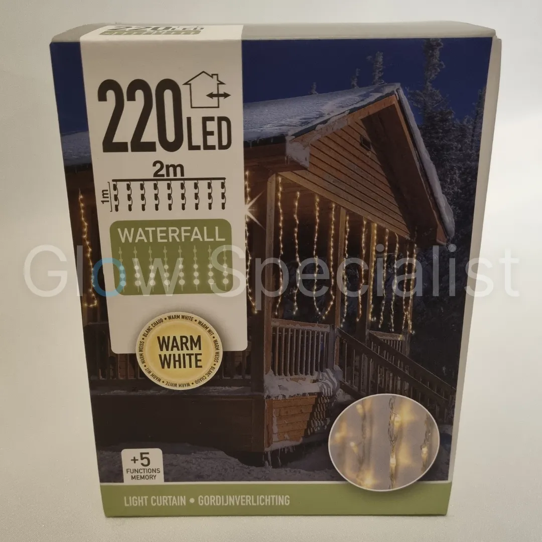 LED GORDIJNVERLICHTING MET WATERVALEFFECT - 220 LEDS - 2 M - WARM WIT - IP44 - Afbeelding 2