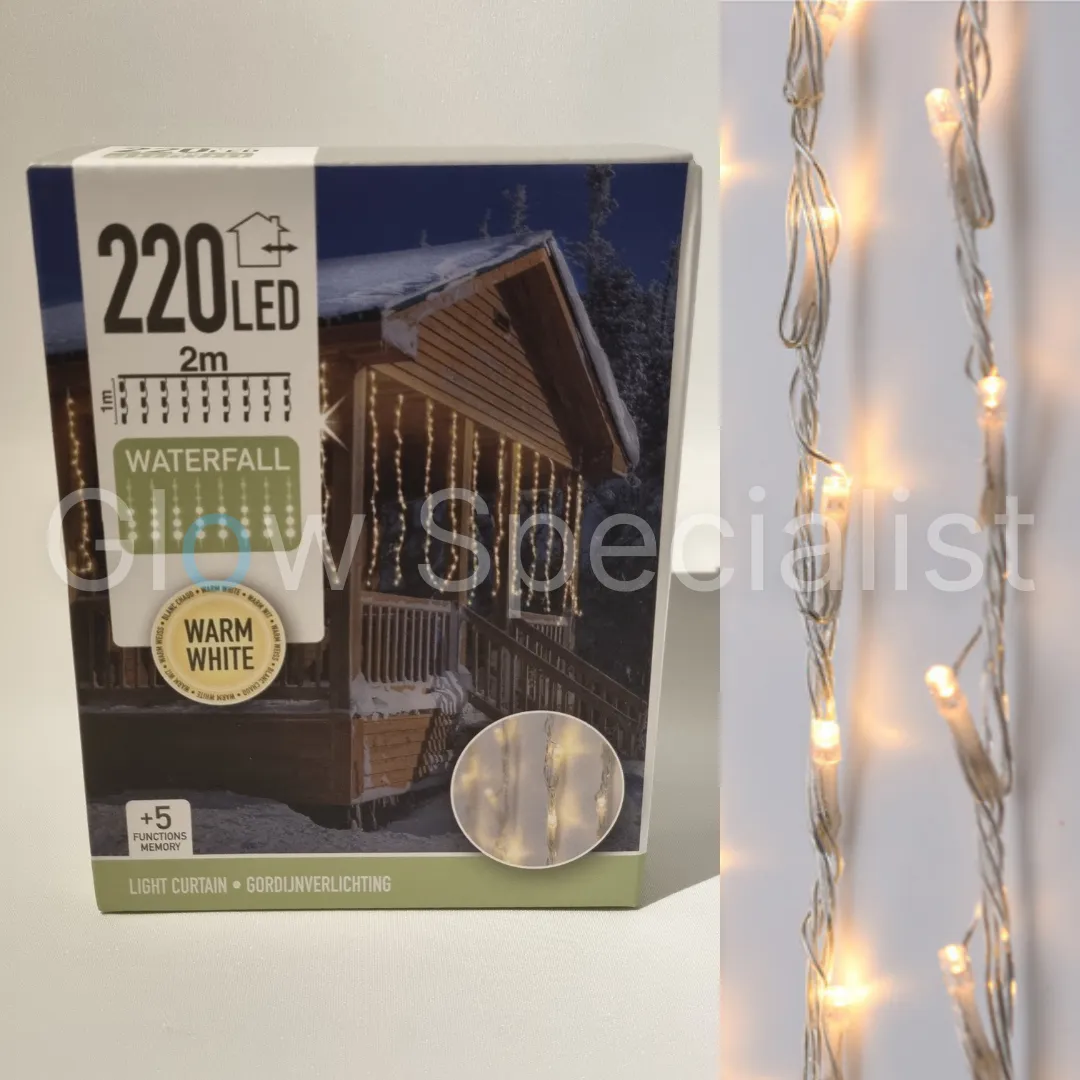 LED GORDIJNVERLICHTING MET WATERVALEFFECT - 220 LEDS - 2 M - WARM WIT - IP44