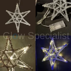 ZILVEREN TINSEL LED STER - 20 CM - MET TIMER - 15 LED